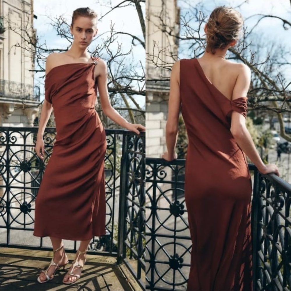 NWT Zara One-Shoulder Dress in Rich Brown